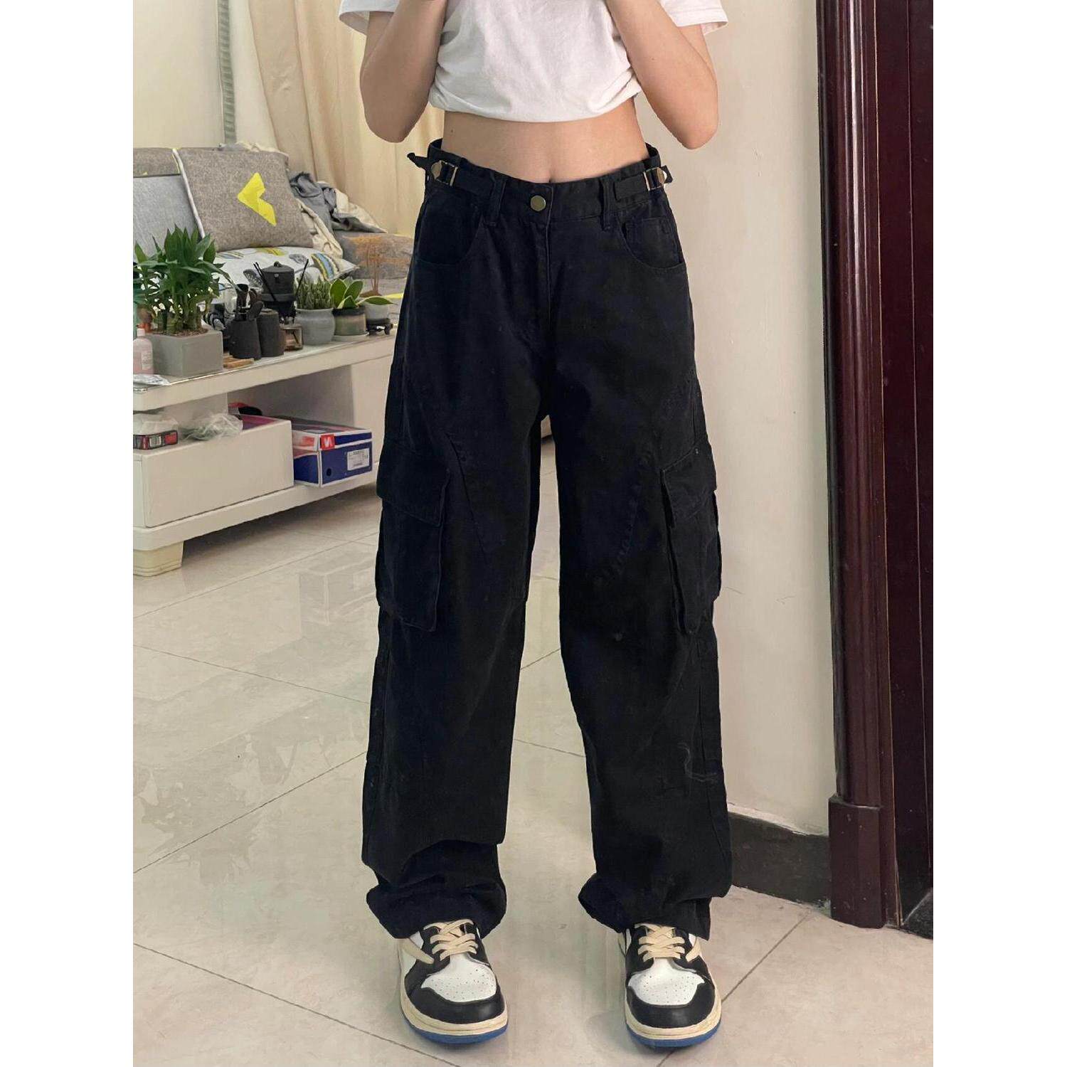 美式复古黑色工装牛仔裤女春秋季高腰新款高街宽松显瘦休闲直筒裤