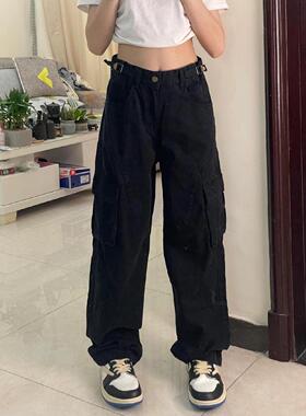 美式复古黑色工装牛仔裤女春秋季高腰新款高街宽松显瘦休闲直筒裤