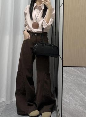 美式复古工装咖色牛仔裤女春秋高腰宽松显瘦弯刀新款阔腿拖地ins