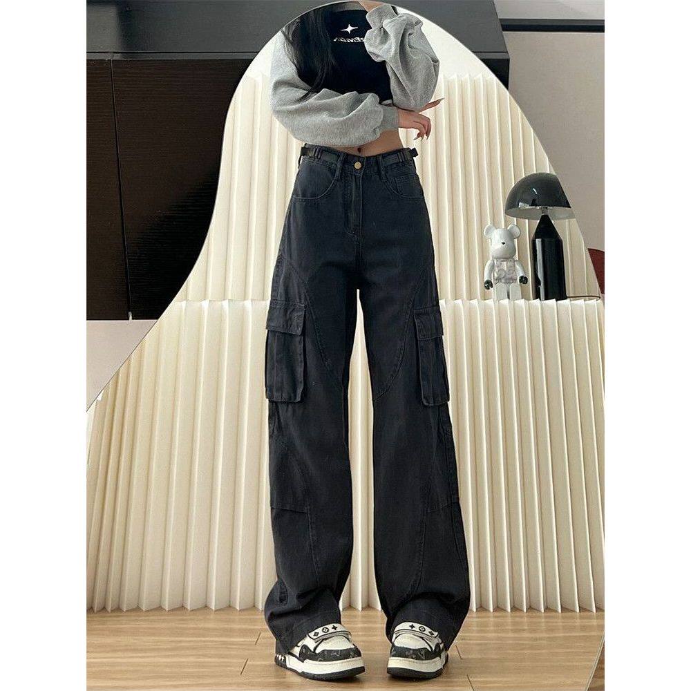 复古美式口袋高街工装牛仔裤女春夏季黑色高腰宽松显瘦休闲直筒裤