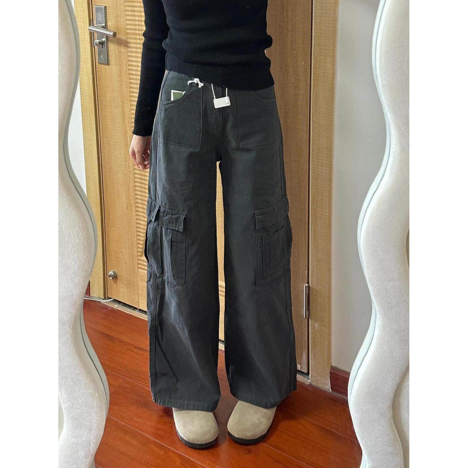 美式设计口袋深灰色工装裤牛仔裤新款高腰复古宽松显瘦阔腿拖地裤,女装/女士精品,牛仔裤,淘宝优惠券,粉丝福利购,淘宝优惠卷