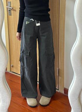 美式设计口袋深灰色工装裤牛仔裤新款高腰复古宽松显瘦阔腿拖地裤