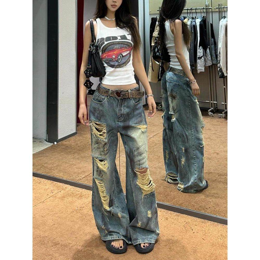 美式高街破洞牛仔裤子女设计复古夏季高腰宽松bf慵懒风阔腿拖地裤,女装/女士精品,牛仔裤,淘宝优惠券,粉丝福利购,淘宝优惠卷