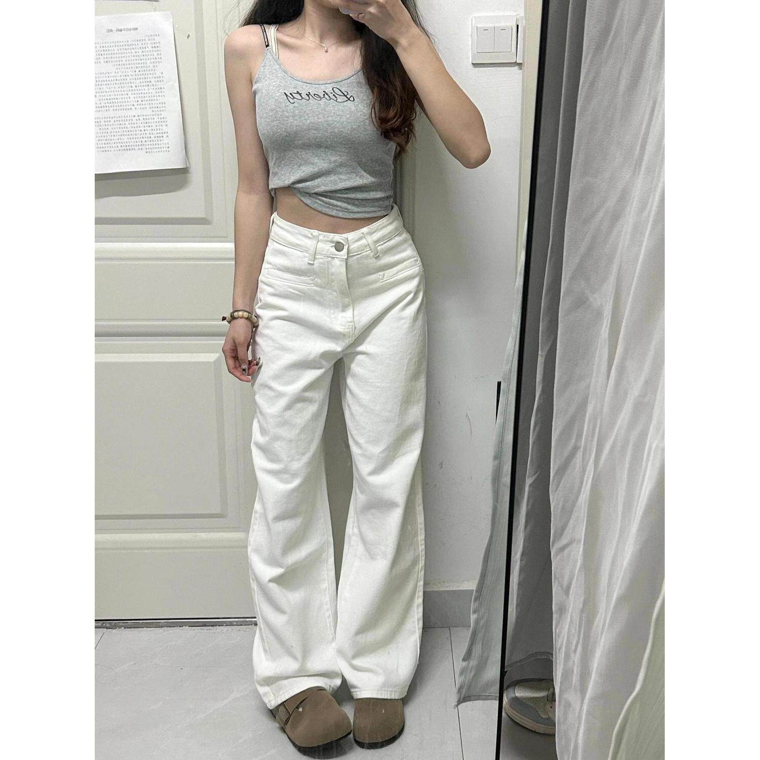 美式高腰白色牛仔裤女春季新款宽松休闲显瘦垂感直筒拖地阔腿裤子