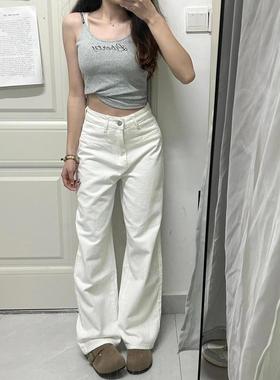美式高腰白色牛仔裤女春季新款宽松休闲显瘦垂感直筒拖地阔腿裤子