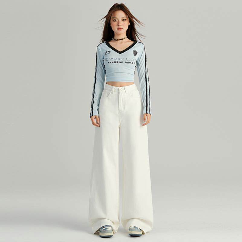 美式白色阔腿牛仔裤女春秋新款高腰垂感宽松显瘦拖地直筒拖地裤子