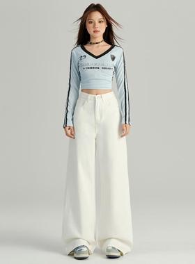 美式白色阔腿牛仔裤女春秋新款高腰垂感宽松显瘦拖地直筒拖地裤子