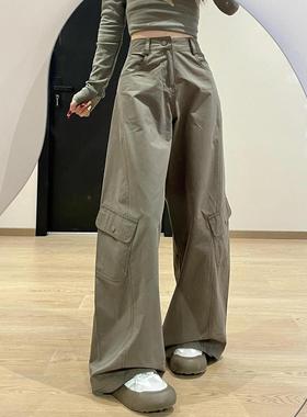 美式复古军绿色弯刀工装牛仔裤女春秋宽松新款显瘦高腰休闲阔腿裤