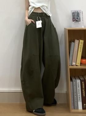 美式军绿色遮胯弯刀工装牛仔裤女春秋新款休闲宽松显瘦镰刀阔腿裤