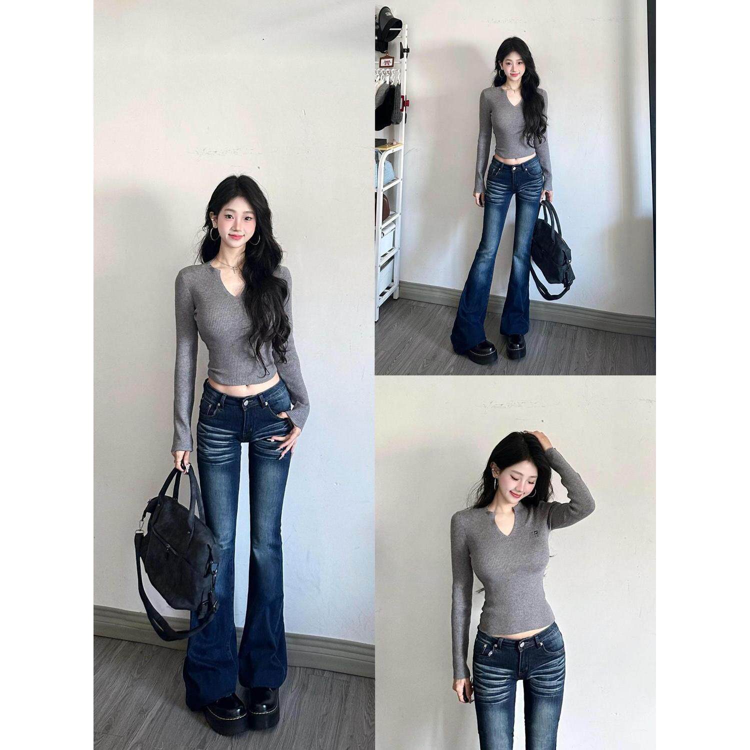 美式辣妹复古低腰微喇牛仔裤春秋弹力紧身宽松显瘦修身马蹄喇叭裤