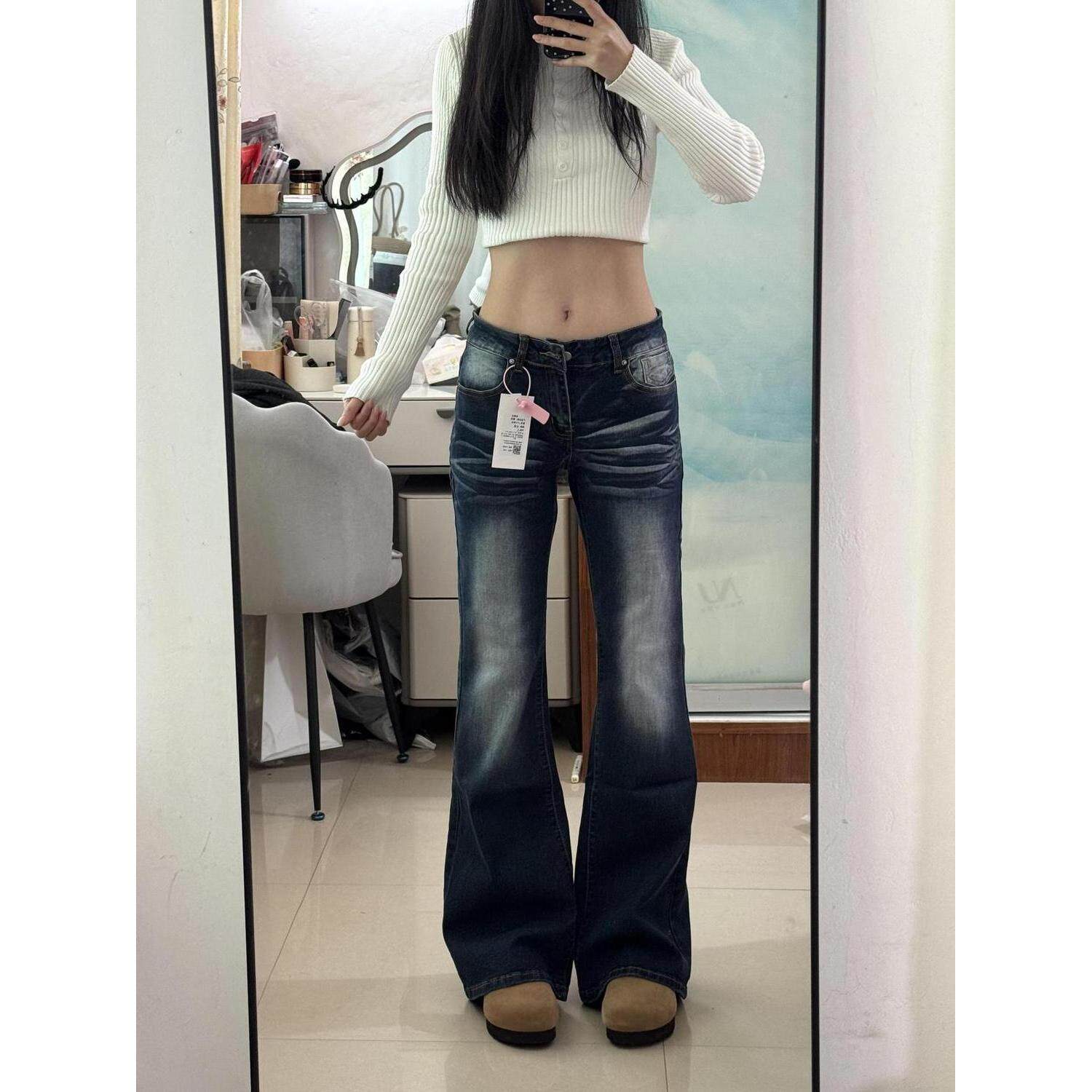 美式低腰微喇牛仔裤春秋新款复古辣妹显瘦百搭弹力修身喇叭拖地裤