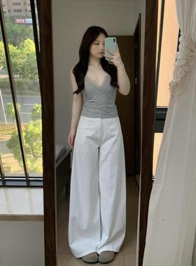 美式白色复古风高街牛仔裤女春夏新款高腰宽松显瘦垂感薄款拖地裤