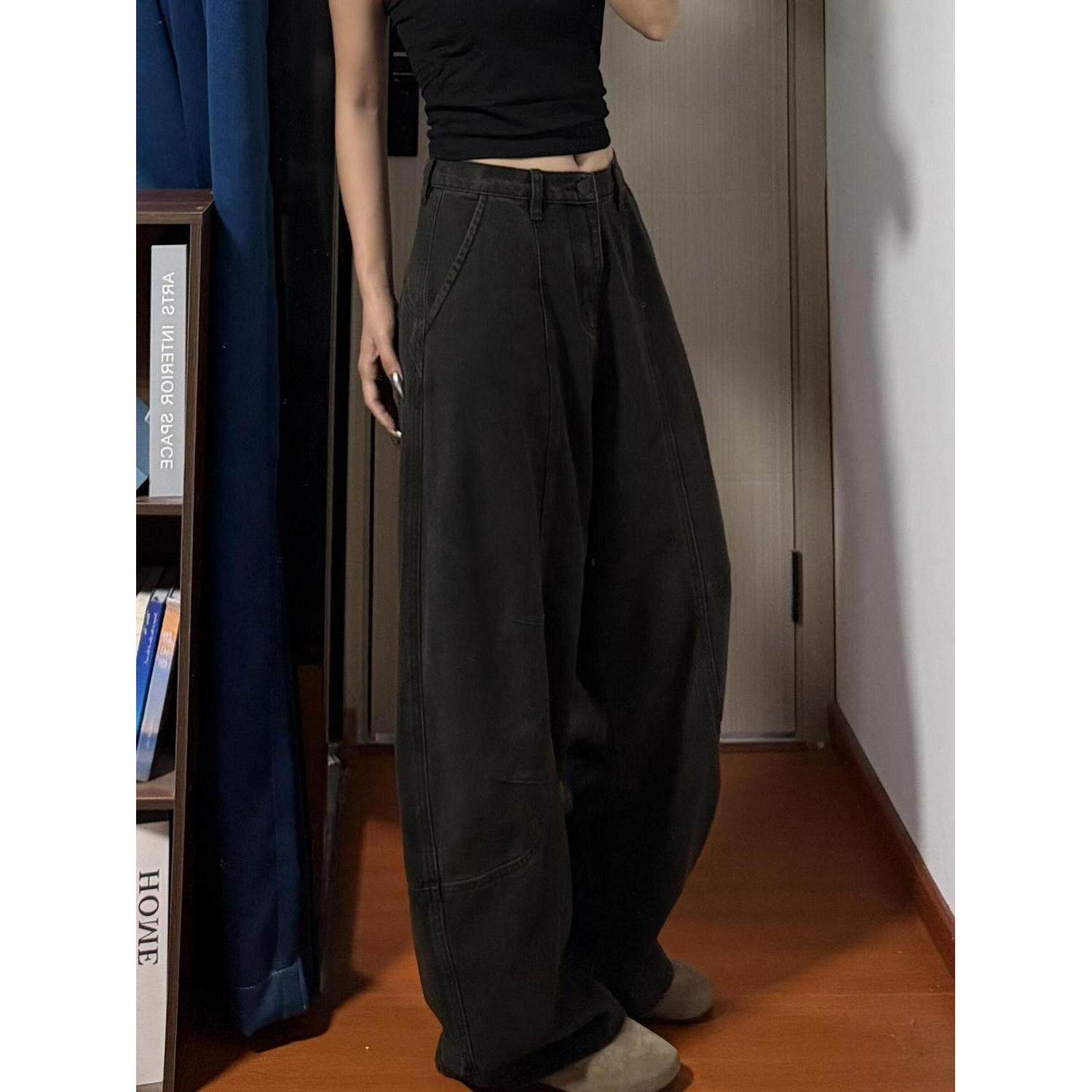 美式复古黑色廓形弯刀牛仔裤女春秋季高腰新款宽松辣妹阔腿拖地裤