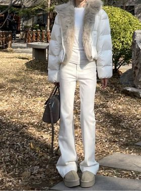 白色微喇牛仔裤女春秋季新款高腰弹力百搭直显瘦修身辣妹喇叭裤子