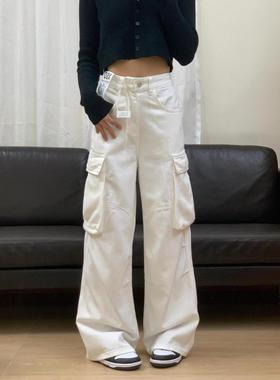 美式白色口袋阔腿牛仔裤春秋工装裤新款高腰宽松遮肉显瘦直筒裤子