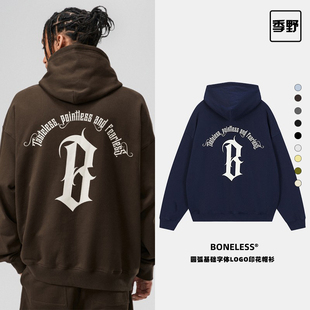【清仓】BONELESS 圆弧哥特字体logo印花加绒连帽卫衣男美式