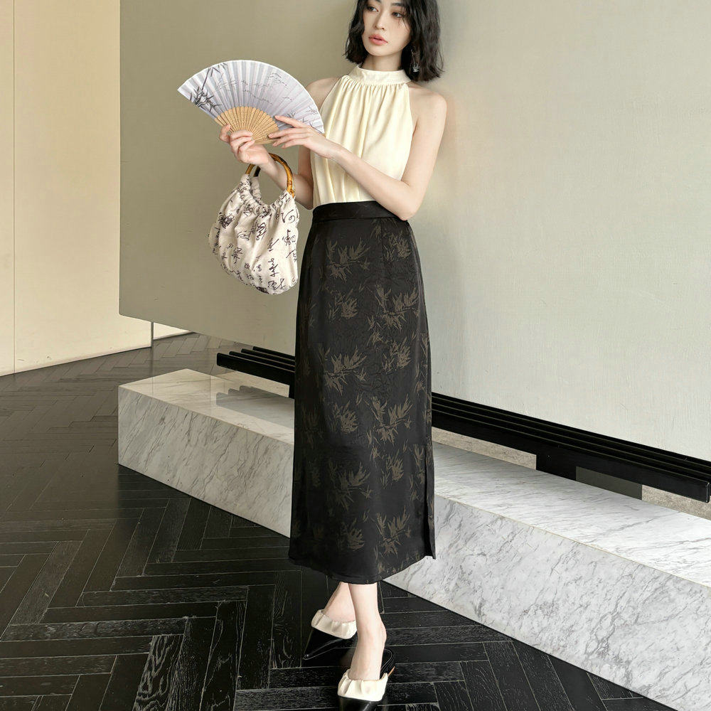 竹叶新中式国风半身裙女夏直筒高腰中长款气质开叉裙子垂坠感长裙