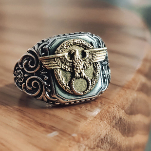重叠活口东线复刻橡树叶复古925银帝国的鹰戒警官男士戒指宽厚版
