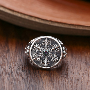 新款S925纯银复古潮民族风男女流行带钻雪花戒指泰银开口指环个性