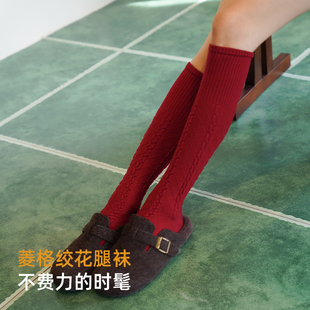 靴下物复古菱格小腿堆堆袜高筒大腿袜春秋绵羊毛保暖连裤袜带脚型
