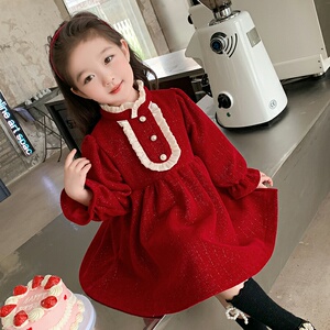 女童连衣裙秋冬款儿童女宝宝洋气雪尼尔红色时髦冬季裙子2023新款