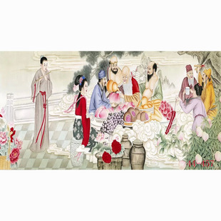 国画人物画宣纸字画客厅餐厅沙发背景墙装饰画挂画蟠桃会八仙贺寿