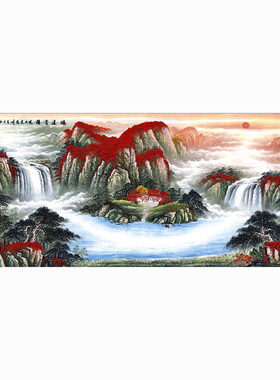 新中式国画绢布山水画办公室风水壁画墙面挂画字画靠山鸿运当头