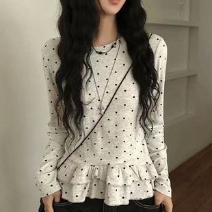芭蕾风休闲百搭宽松上衣 T恤 秋天日记 俏皮波点圆领荷叶边长袖