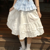 夏日小记 芭蕾风温柔白色高腰百搭显瘦A字裙 复古蛋糕花边半身裙