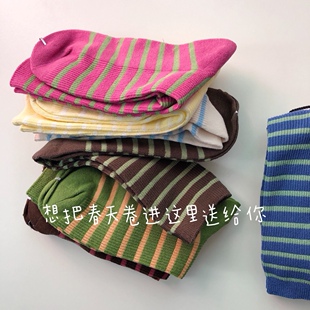 想把春天卷进这里送给你~小复古 条纹中筒袜 韩国学生棉袜子女