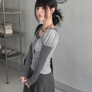 T恤 针织长袖 芭蕾学院风百搭显瘦上衣 蝴蝶结系带泡泡袖 秋天日记