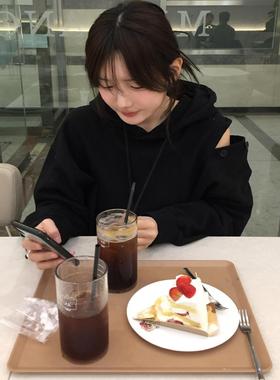 秋天日记 袖子可以打开的酷酷黑色卫衣 休闲宽松长袖连帽绒衫上衣