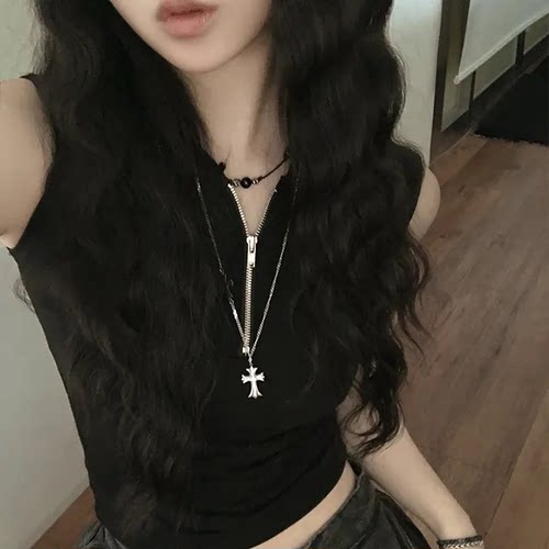 夏日小记 甜酷系半拉链连帽无袖上衣 辣妹修身黑色百搭显瘦T恤