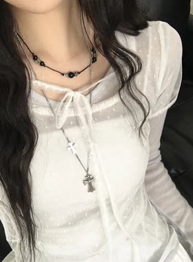 夏日小记 芭蕾风圆点透视蝴蝶结短袖T恤 甜酷辣妹防晒薄款上衣