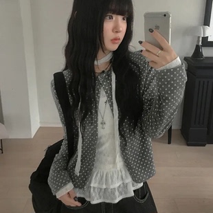 秋天日记 波点圆领纽扣短开衫上衣 学院风休闲百搭宽松长袖小外套