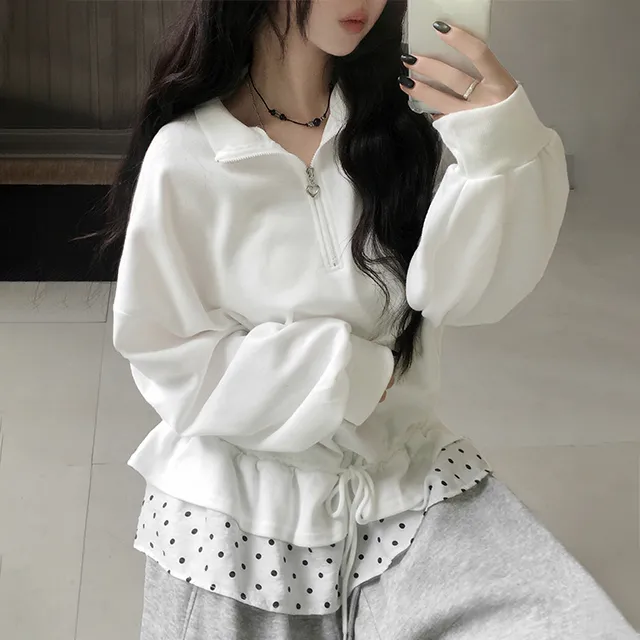 预习秋天 立领半拉链荷叶边拼接卫衣 学院风宽松休闲长袖套头上衣