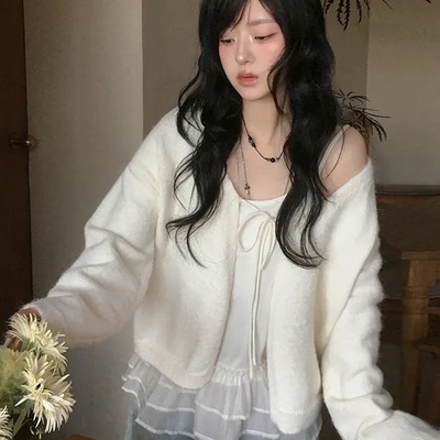 预习春天 系带两件套针织开衫 温柔宽松百搭长袖上衣外搭毛衣