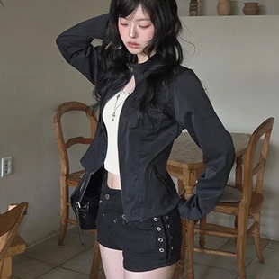 预习春天 纽扣骑士立领机车夹克 甜酷显瘦百搭休闲短款上衣外套