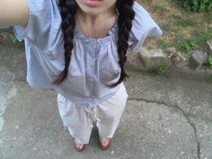 慢慢夏日 蓝色条纹圆领泡泡袖上衣 复古单排扣娃娃衬衫短袖