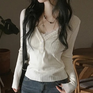 基本款 打底长袖 V领纽扣针织上衣 修身 毛衣 柔软短款 预习春天