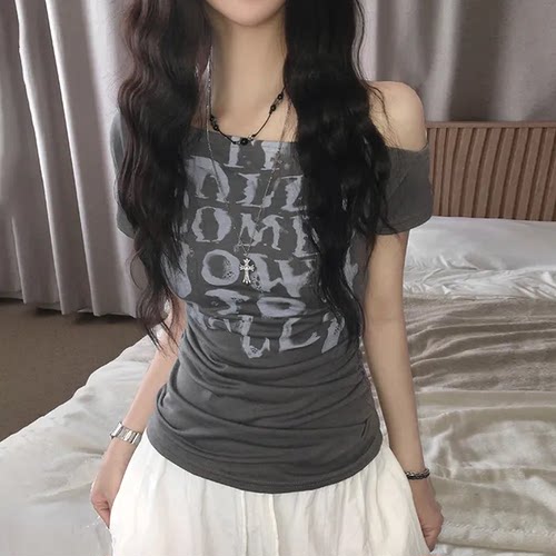 夏日小记 垂坠褶皱露肩短袖T恤 甜酷辣妹修身显瘦收腰百搭上衣