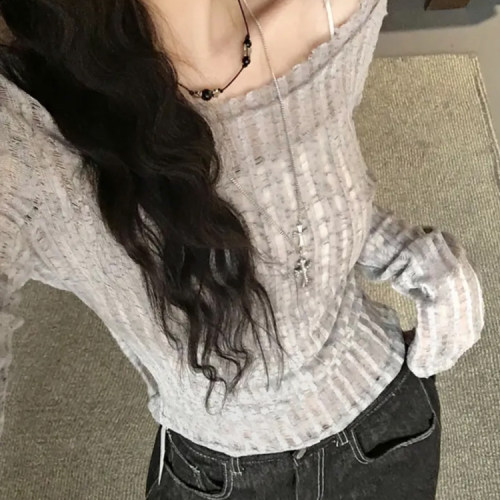 夏日小记 破洞设计透视防晒长袖T恤 纯欲风辣妹修身显瘦薄款上衣