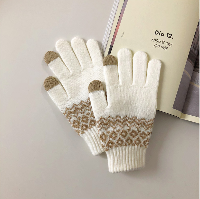 温暖北欧风提花韩国复古分指手套