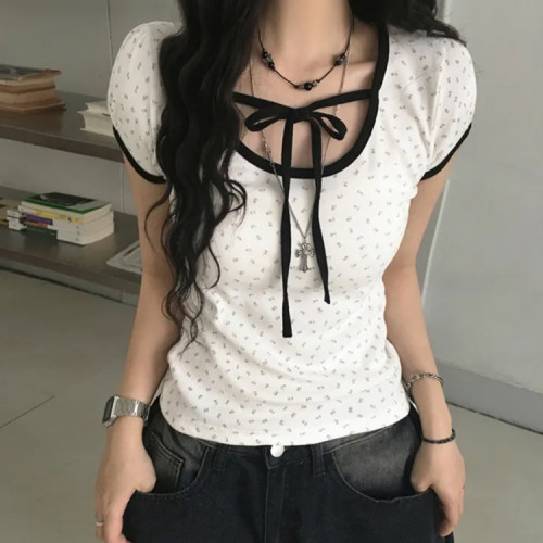 夏日小记 蝴蝶结系带碎花短袖T恤 纯欲风辣妹修身显瘦百搭上衣