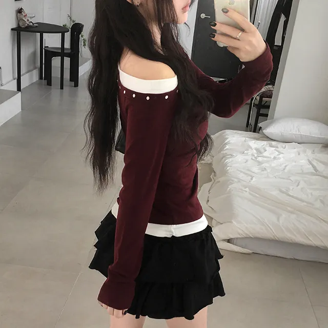 预习秋天 设计感撞色假两件斜肩长袖T恤 甜酷辣妹风百搭修身上衣