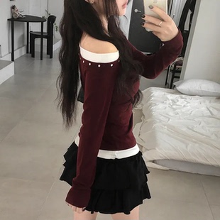 预习秋天 设计感撞色假两件斜肩长袖T恤 甜酷辣妹风百搭修身上衣