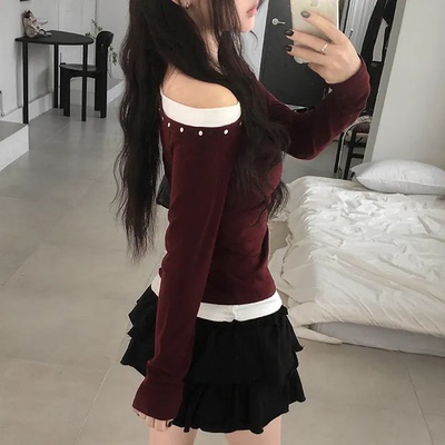 预习秋天 设计感撞色假两件斜肩长袖T恤 甜酷辣妹风百搭修身上衣