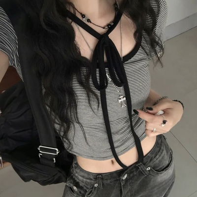 夏日小记 甜酷系挂脖条纹短袖T恤 辣妹修身短款百搭显瘦上衣