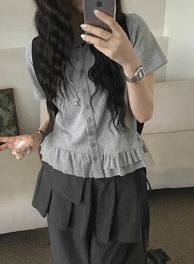 夏日小记 俏皮荷叶边下摆圆领短袖T恤 日系复古少女百搭宽松上衣