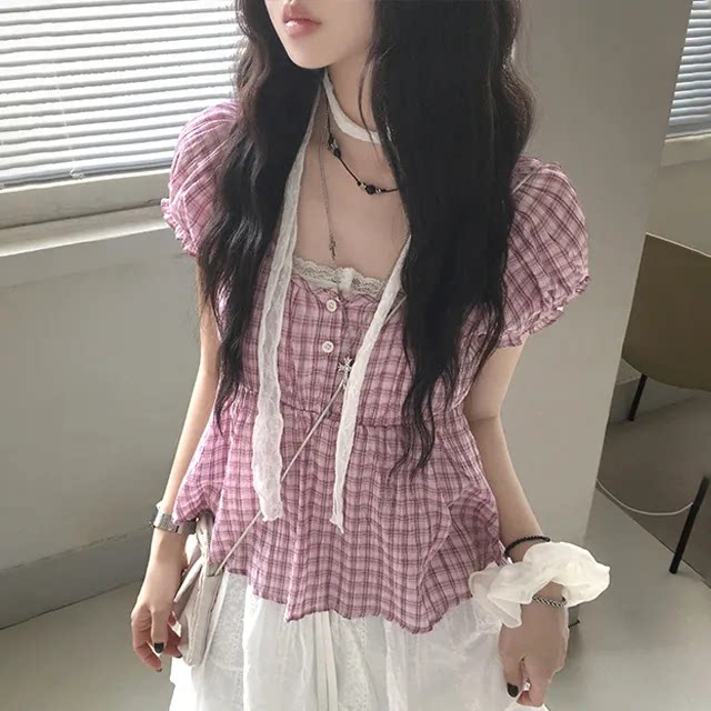 夏日小记 复古泡泡袖格子短袖衬衫 甜美休闲宽松纽扣格纹百搭上衣
